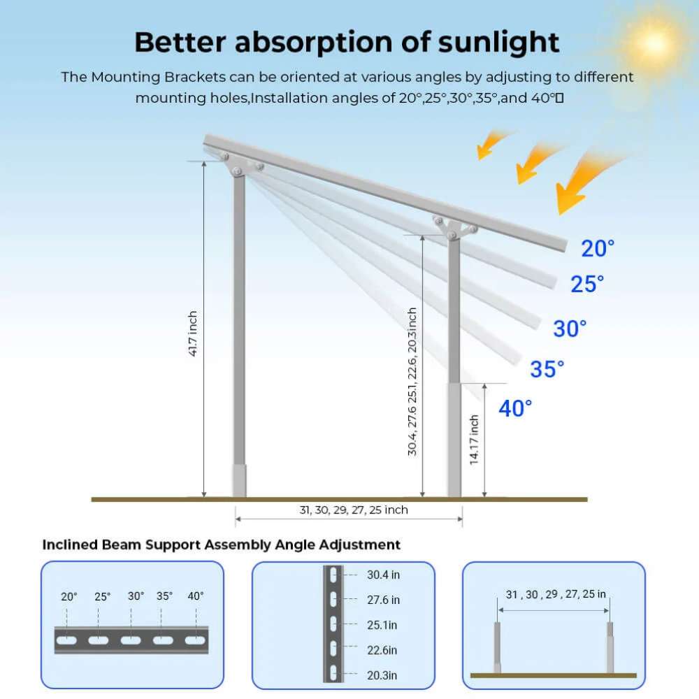 Adjustable Sun Gold Power Modular & Expandable Ground Mount Brackets with 20°–40° tilt angles for improved solar performance