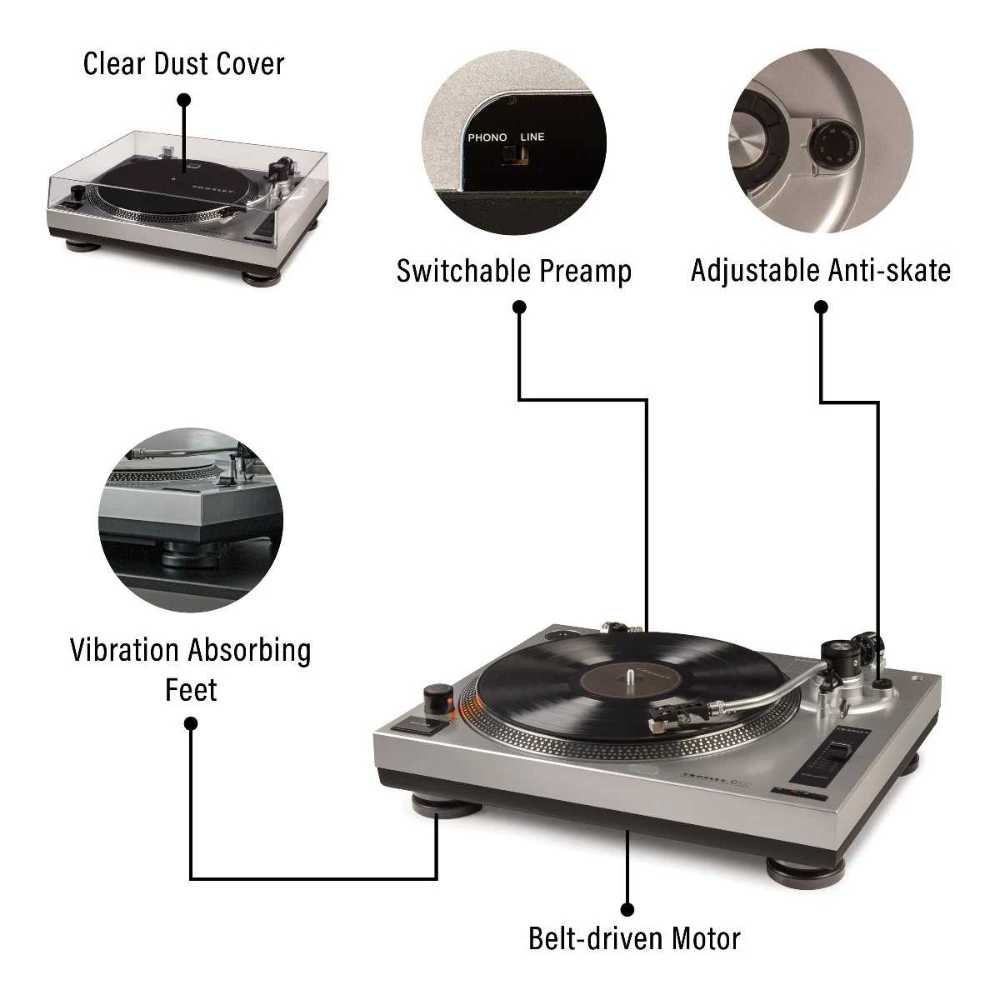 A feature breakdown image of the Crosley K100A Record Player with S100 Speakers - Silver details its belt-driven motor, anti-skate control, vibration-absorbing feet, and a switchable preamp