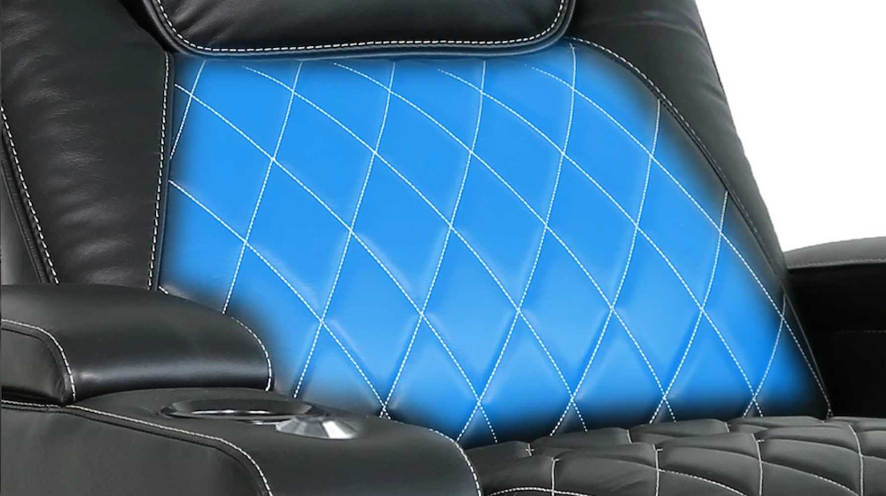 A feature image of Valencia Oslo XL Home Theater Seating showing ergonomic back support with elegant diamond stitching in a highlighted blue area