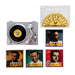 A flat lay of the Crosley RSD3 Player + Johnny Cash 3 Inch Vinyl - Set of 4 Records includes the turntable, the Sun Records case, and four vinyl records