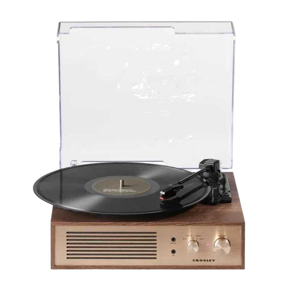 A front-facing image of the Crosley Miles Record Player - Walnut highlights its turntable spinning a vinyl