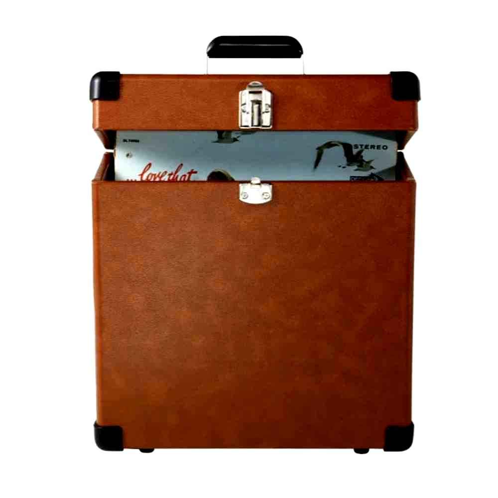 A front-facing open view of the Crosley Platter-Pak LP Record Carrier Case - Tan shows an LP record partially visible inside