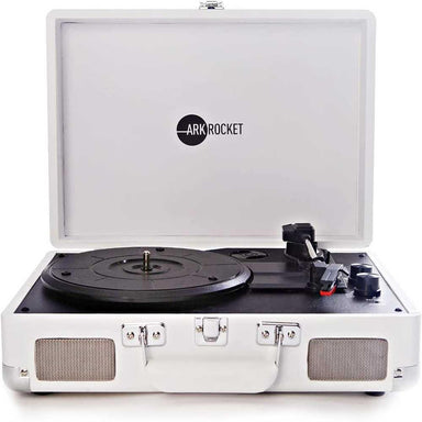 A front-facing view of Arkrocket Curiosity Suitcase Bluetooth Turntable (White) with its open lid and visible speakers