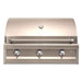 A front-facing view of the Alfresco Grills American Eagle 36” Built-In Grill, 3 Burner with the lid closed