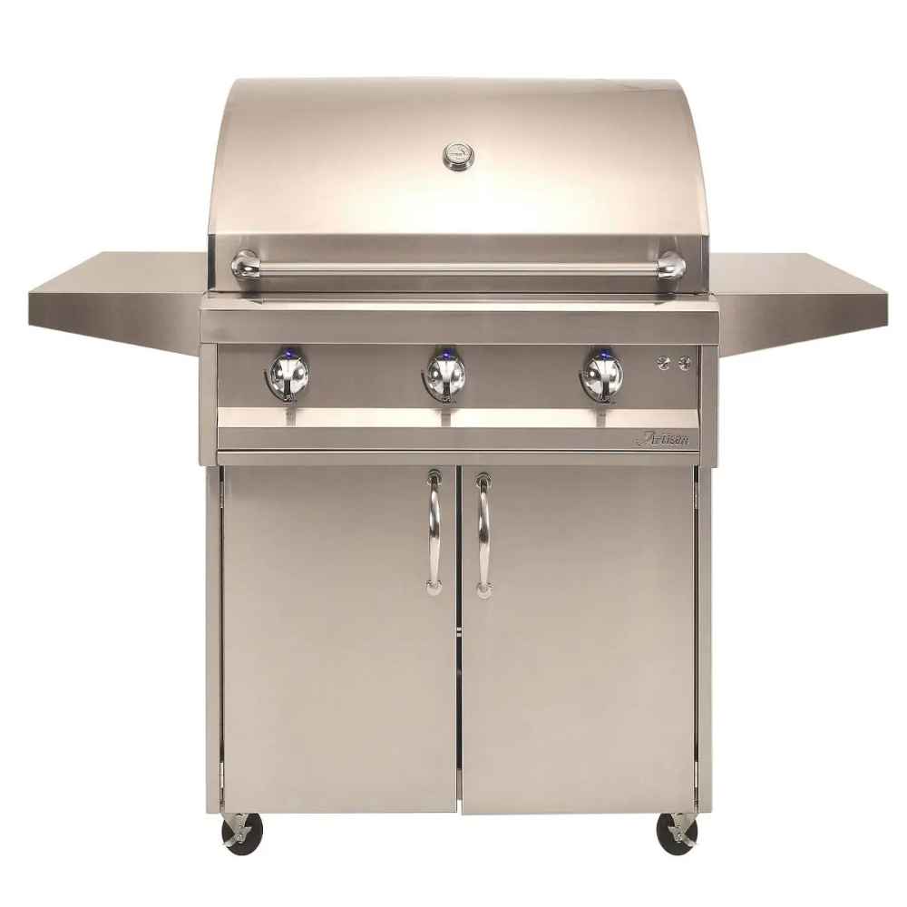 A front-facing view of the Alfresco Grills American Eagle 36” Cart Grill, 3 Burner showcases its sleek stainless-steel design, three control knobs, and side shelves