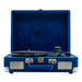 A front-facing view of the Arkrocket Curiosity Suitcase Bluetooth Turntable (Klein Blue) with the lid open, showing the platter and speakers