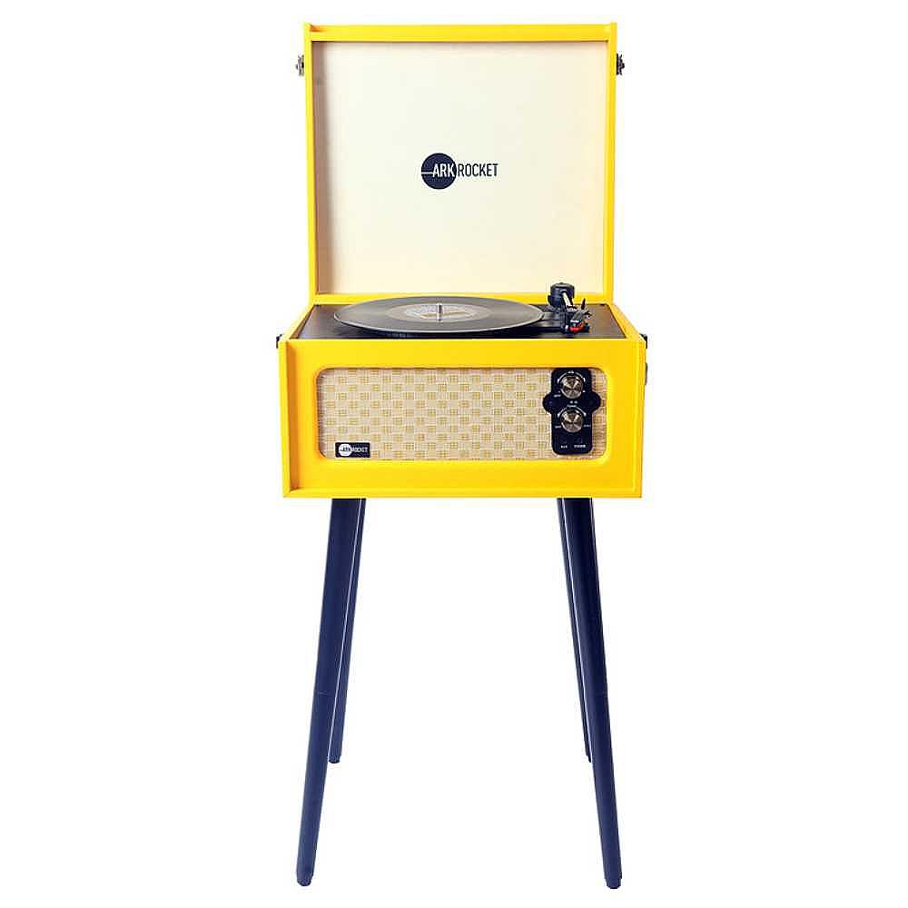 A front-facing view of the Arkrocket Retro Turntable Wireless Record Player With Legs (Yellow) with the lid up and a record placed on the turntable