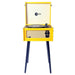 A front-facing view of the Arkrocket Retro Turntable Wireless Record Player With Legs (Yellow) with the lid up and a record placed on the turntable