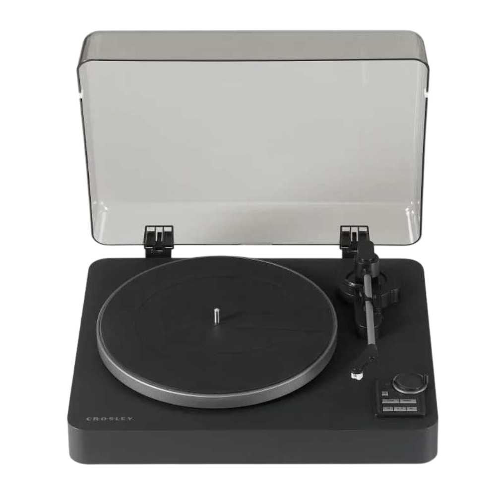 A front-facing view of the Crosley C300 Fully Automatic Turntable - Black emphasizes its streamlined structure with an open dust cover