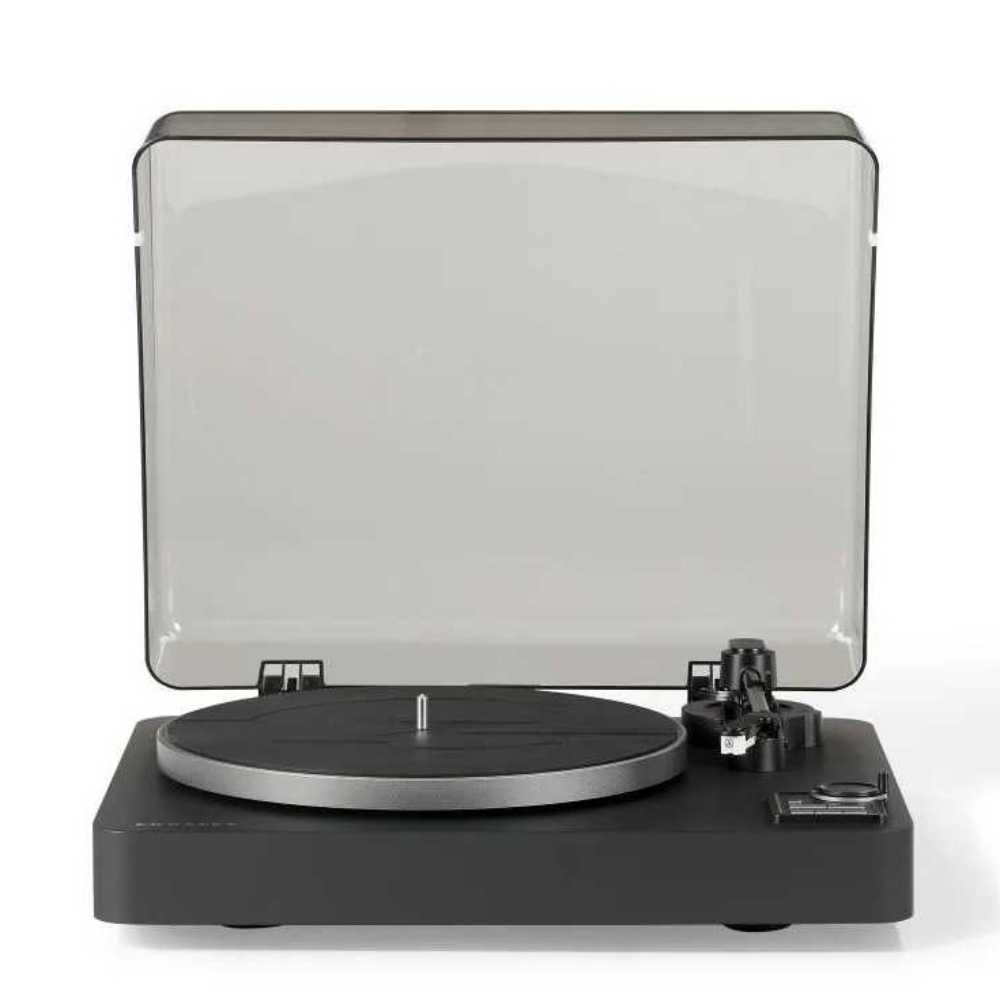 A front-facing view of the Crosley C300 Fully Automatic Turntable - Black showcases the turntable platter and tonearm with the dust cover raised