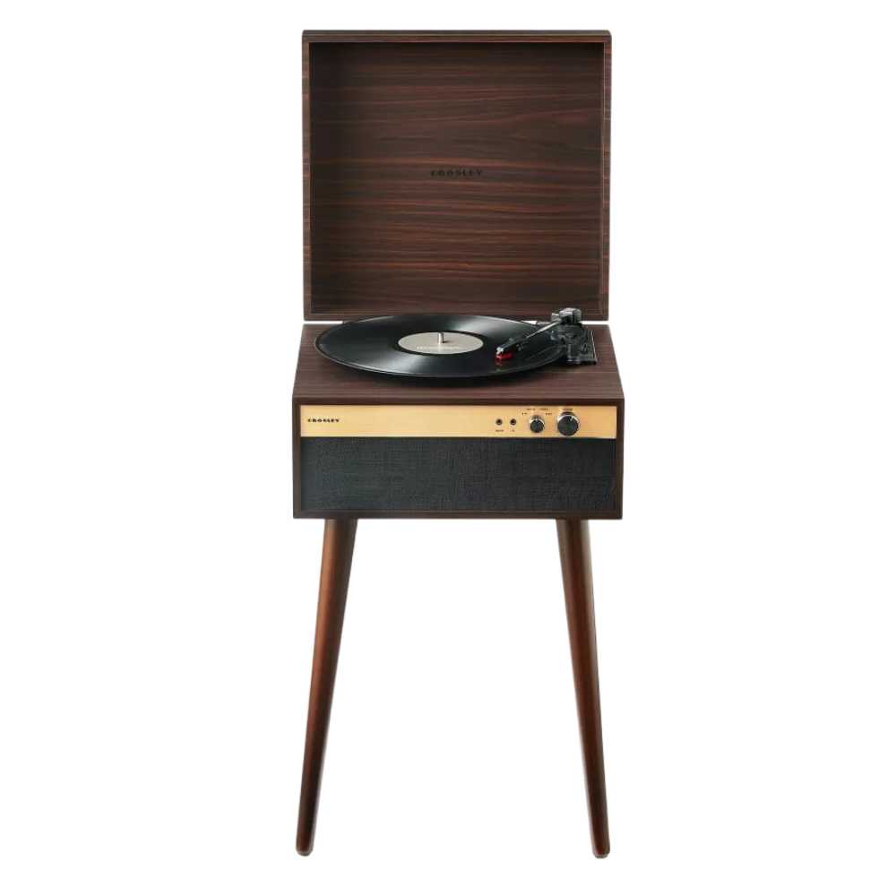 A front-facing view of the Crosley Jasper Turntable - Walnut highlights its retro aesthetic and built-in speaker grille