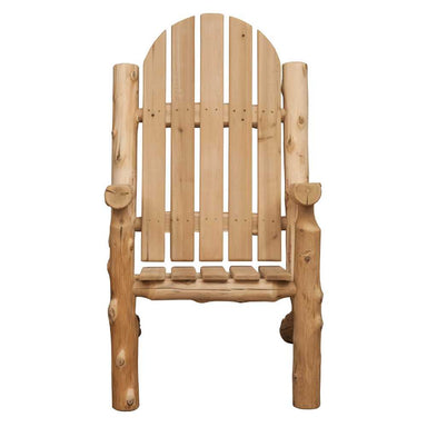 A front-facing view of the Fireside Lodge Voyageur Adirondack Chair, highlighting its vertical wooden slats, wide armrests, and sturdy log legs