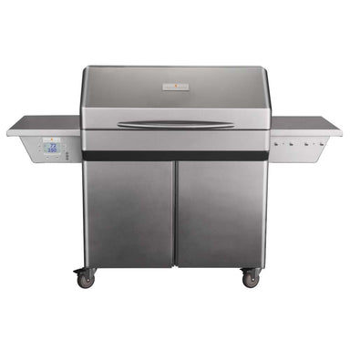 A front-facing view of the Memphis Grills Elite Cart ITC3 highlights its solid stainless steel exterior, enclosed storage, and digital touchscreen controls