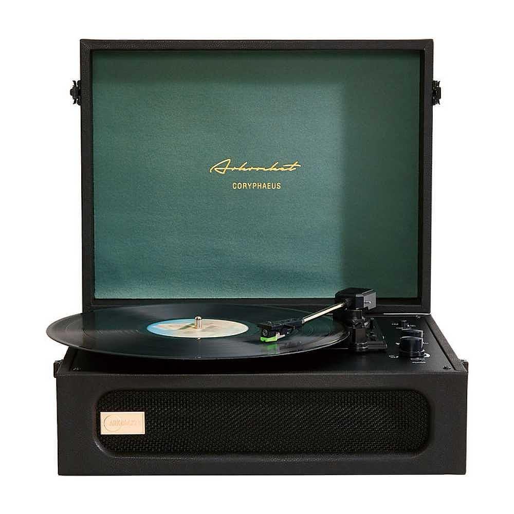 A front-facing view shows Arkrocket Coryphaeus Bluetooth Turntable Deluxe Edition Record Player (BlackGreen) with the lid open and a vinyl record playing