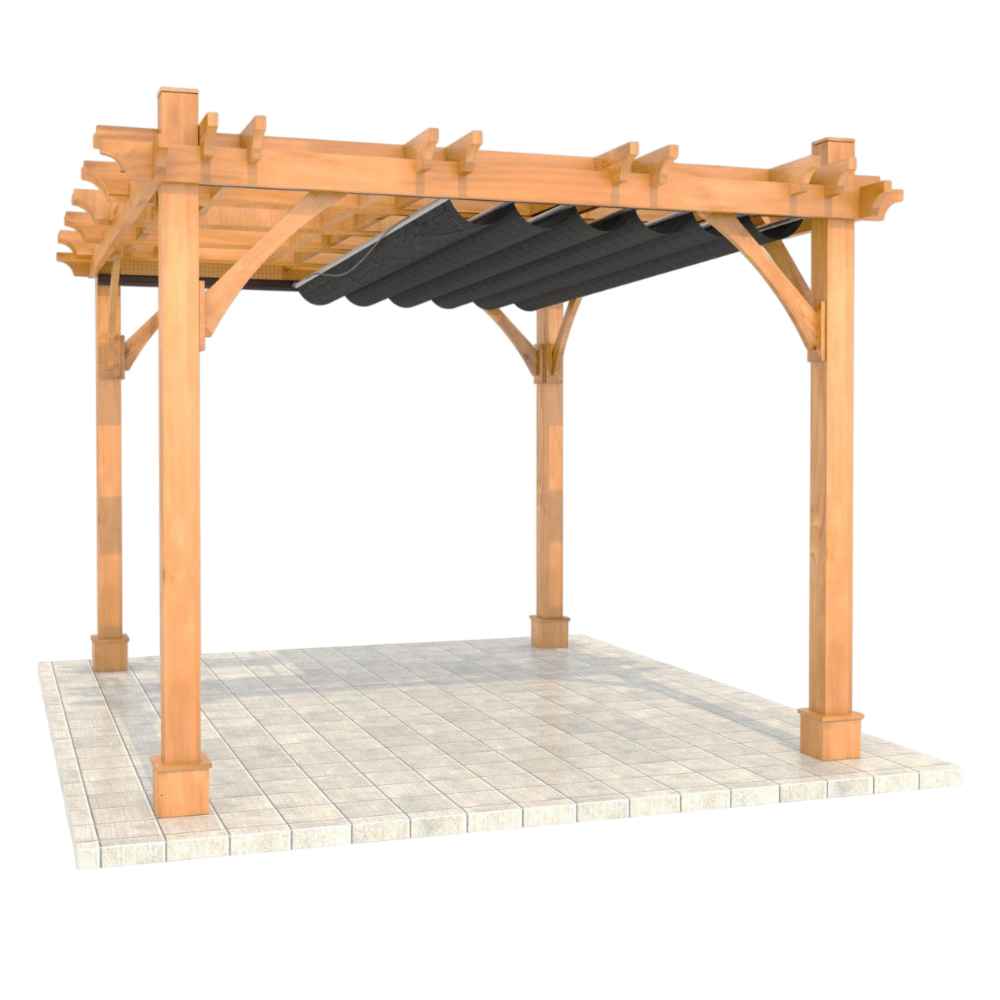 A front-side perspective of the 10 x 12 Outdoor Living Today Western Red Cedar Pergola & Canopy displays a wooden pergola structure with a partially open black canopy underneath