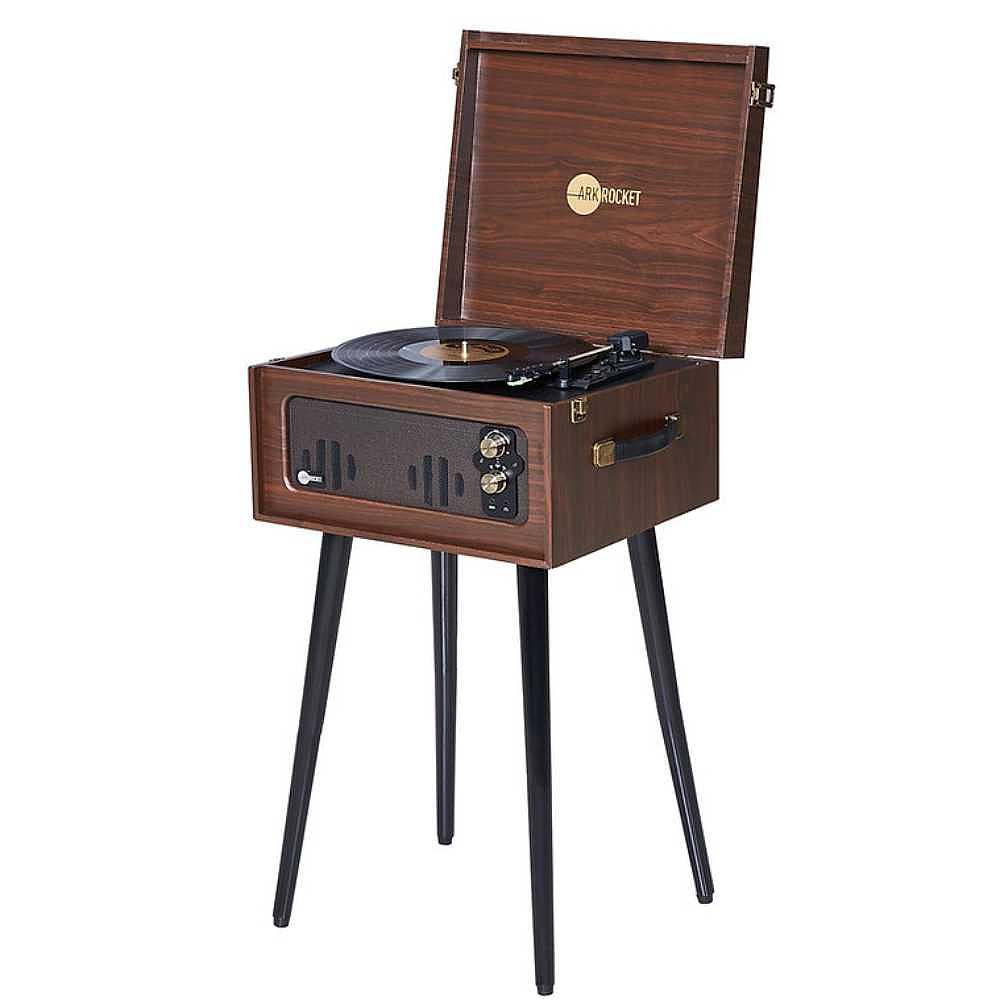 A front-side view of Arkrocket Discovery II Bluetooth Record Player Stand with 3-Speed Turntable (Espresso)