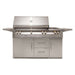 A front view of Alfresco Grills 56″ Deluxe Grill Refrigerated Cart Model in sleek stainless steel