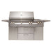 A front view of the Alfresco Grills 56″ Deluxe Grill Standard Cart Model, emphasizing its sleek stainless steel design and spacious storage drawers