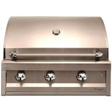 A front view of the Alfresco Grills American Eagle 32” Built-In Grill, 3 Burner with the lid closed