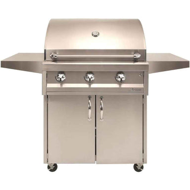 A front view of the Alfresco Grills Artisan Professional 32” Cart Grill, 3 Burner, featuring a sleek stainless steel body, storage cabinet, and control knobs