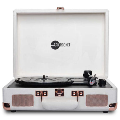 A front view of the Arkrocket Curiosity Suitcase Bluetooth Turntable (Cream Velvet)