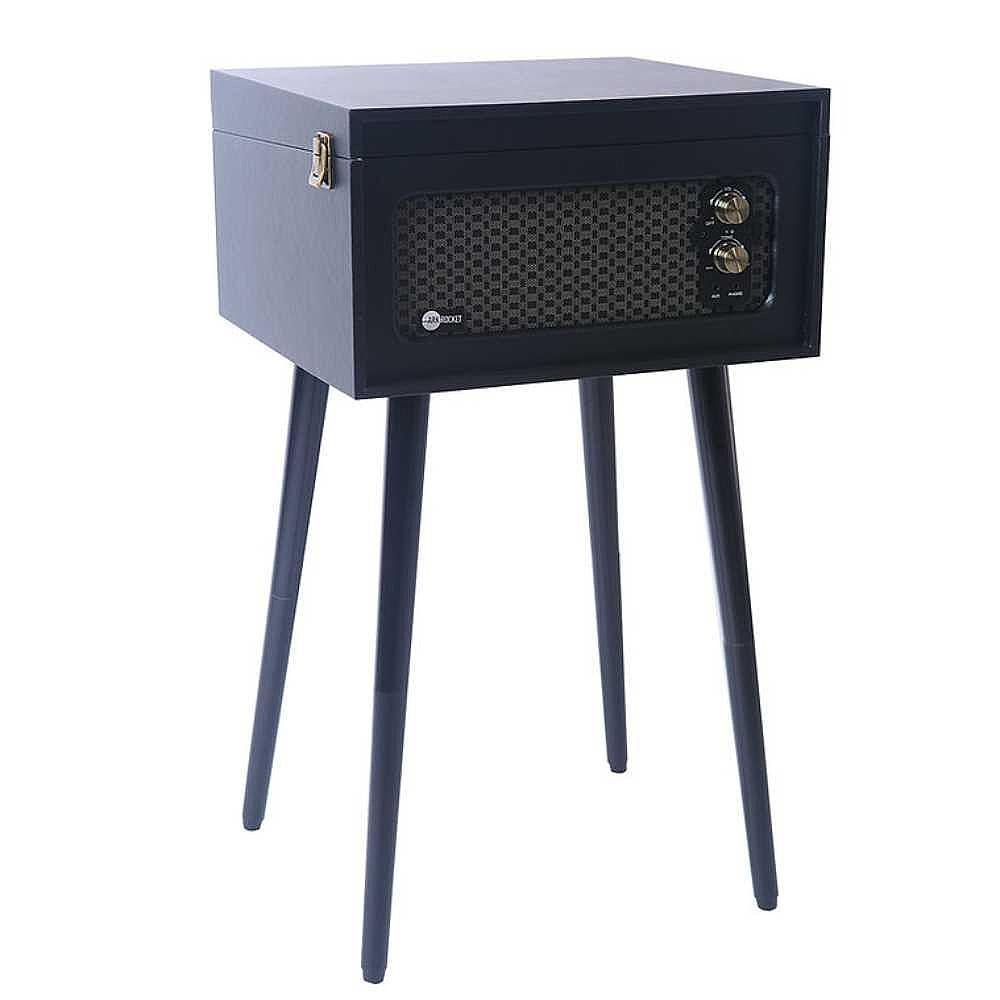 A front view of the Arkrocket Retro Turntable Wireless Record Player With Legs (Black) highlights its speaker grille and knobs, with the lid closed