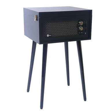 A front view of the Arkrocket Retro Turntable Wireless Record Player With Legs (Black) highlights its speaker grille and knobs, with the lid closed