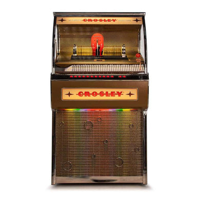 A front view of the Crosley Rocket 80 CD Bluetooth Full-Size Jukebox - Oak highlights its illuminated panel and classic jukebox styling