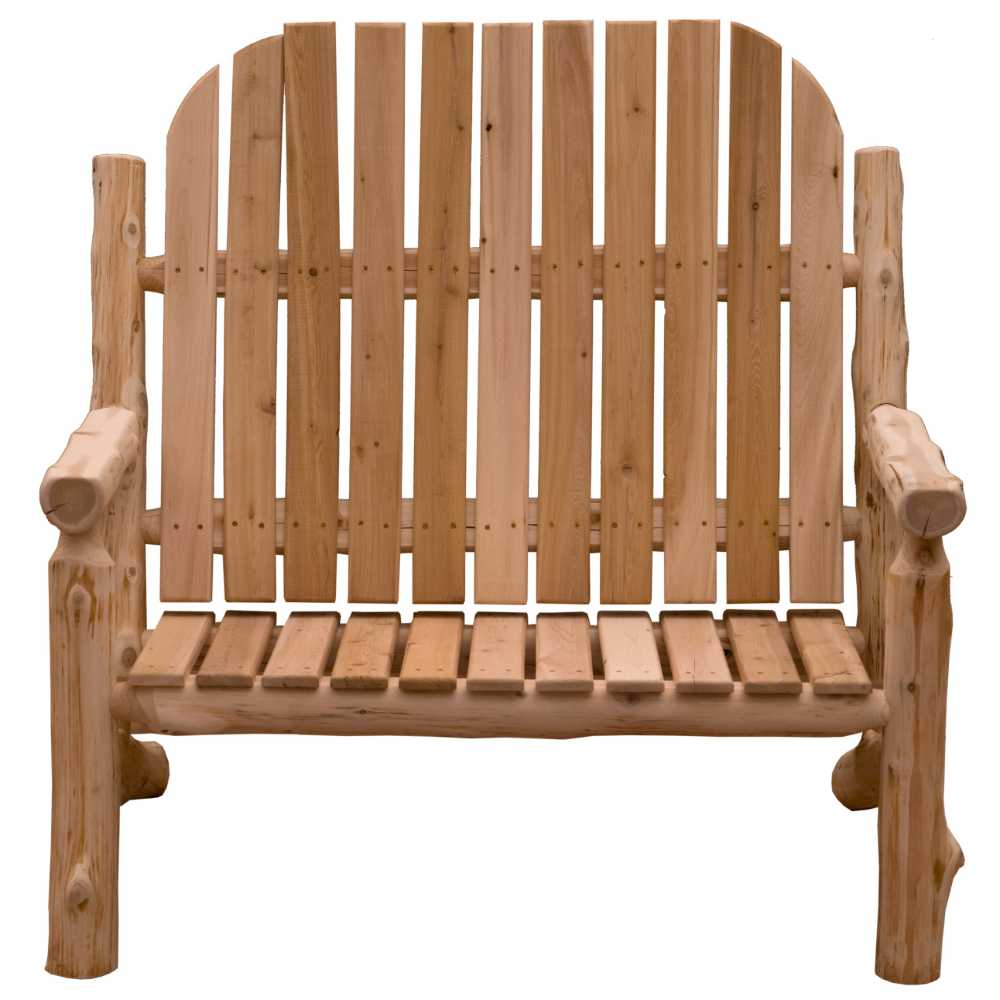 A front view of the Fireside Lodge Voyageur Two-Person Adirondack Chair, displaying its high slatted backrest, wide seat, and solid wood construction