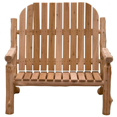 A front view of the Fireside Lodge Voyageur Two-Person Adirondack Chair, displaying its high slatted backrest, wide seat, and solid wood construction