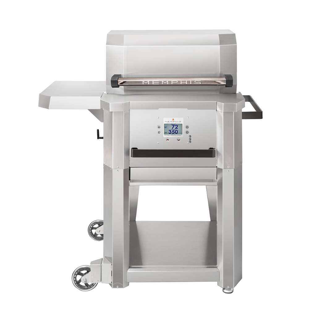 A front view of the Memphis Grills Elevate™ 30 Freestanding Pellet Grill, showing its modern stainless steel construction, digital temperature control, and sturdy wheels