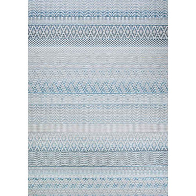 A full top-down shot of the Couristan Cape Indoor/Outdoor Rug - Gables/Surf reveals its symmetrical horizontal pattern bands in various weaves and shapes