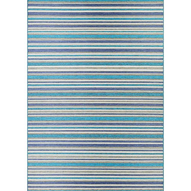 A full top-down view of the Couristan Cape Indoor/Outdoor Rug - Brockton/Cobalt-Teal clearly showcases its evenly spaced cobalt, teal, and ivory stripes
