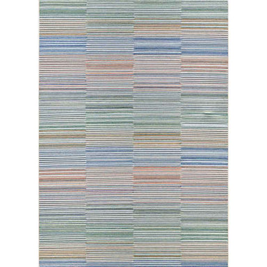 A full top-down view of the Couristan Cape Indoor/Outdoor Rug - Shoreham/Ivory-Multi shows its symmetrical design in multicolored stripes