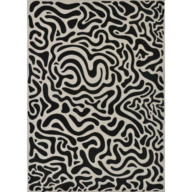 A full top-down view of the Couristan Castille Indoor/Outdoor Rug - Graffiti/Black-White displays its complete abstract pattern in black on a white surface