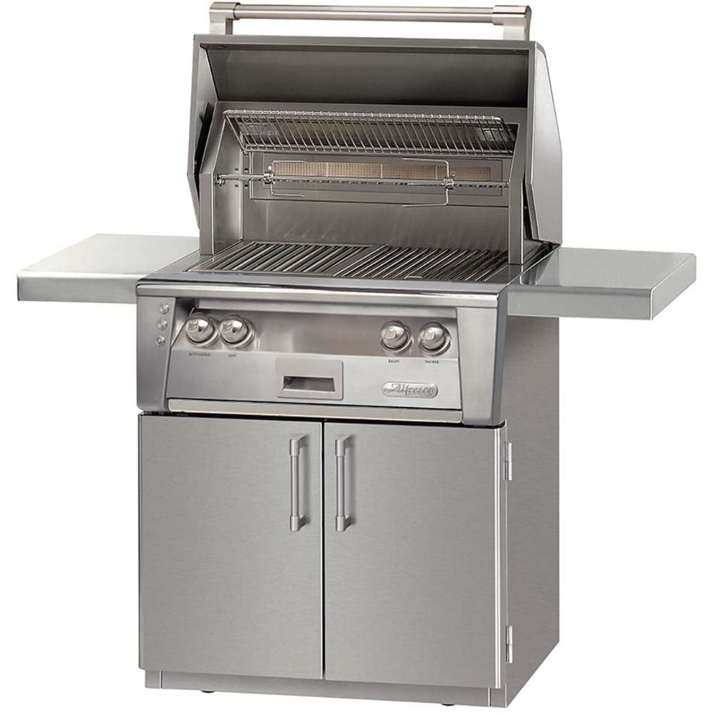 A full view of the Alfresco Grills 30″ Luxury Grill Standard Cart Model, highlighting its stainless steel build, spacious cooking area, and foldable side shelves