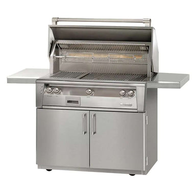 A full view of the Alfresco Grills 42″ Luxury Grill Standard Cart Model showcases its premium stainless steel build, multiple burners, and spacious grilling area