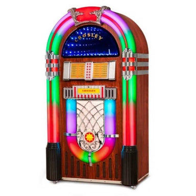 A full view of the Crosley Digital LED Jukebox with Bluetooth - Walnut, showcasing its vibrant LED lighting and retro-styled wooden cabinet