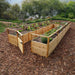 A garden filled with colorful flowers and vegetables grows inside an Outdoor Living Today 8×16 Raised Garden Bed with both gates open on a mulch-covered path