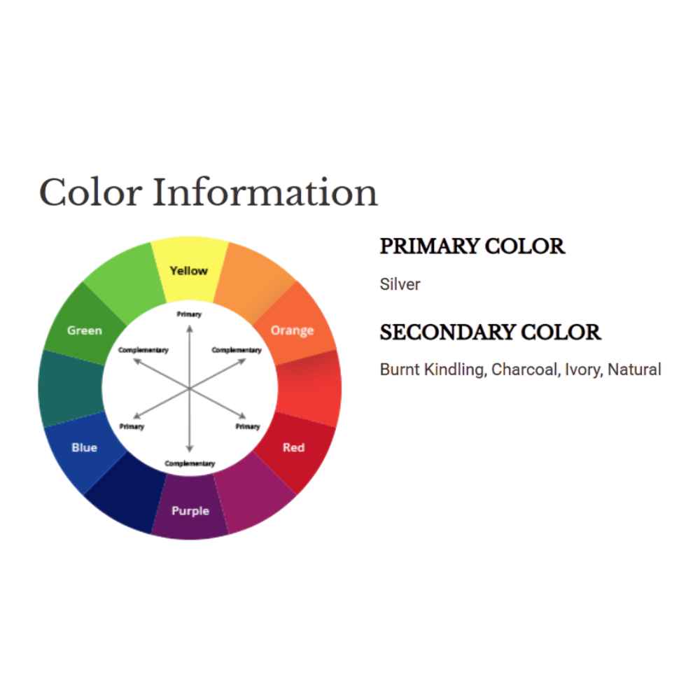 A graphic shows the color breakdown of the Couristan Cape Indoor/Outdoor Rug - Fayston/Silver-Charcoal, with silver as the primary and earthy neutrals as secondary colors
