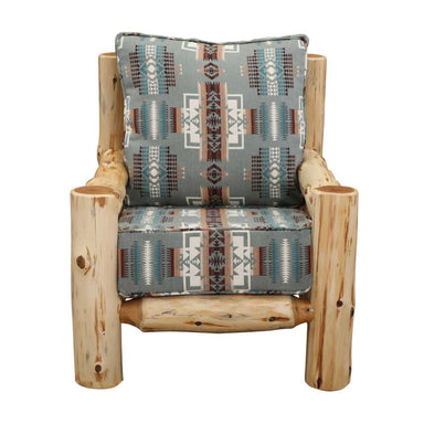 A head-on view of the Fireside Lodge Cedar Log Lounge Chair with symmetrical tribal-print cushions and smooth cedar arms