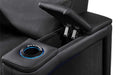 A hidden storage compartment in the armrest of the Valencia Monza Pillow Top Carbon Fiber Home Theater Seating