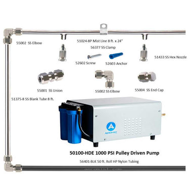 A labeled product diagram shows the components of the Aeromist Pinnacle 1000 PSI Misting System, including tubing, nozzles, and a blue pump unit