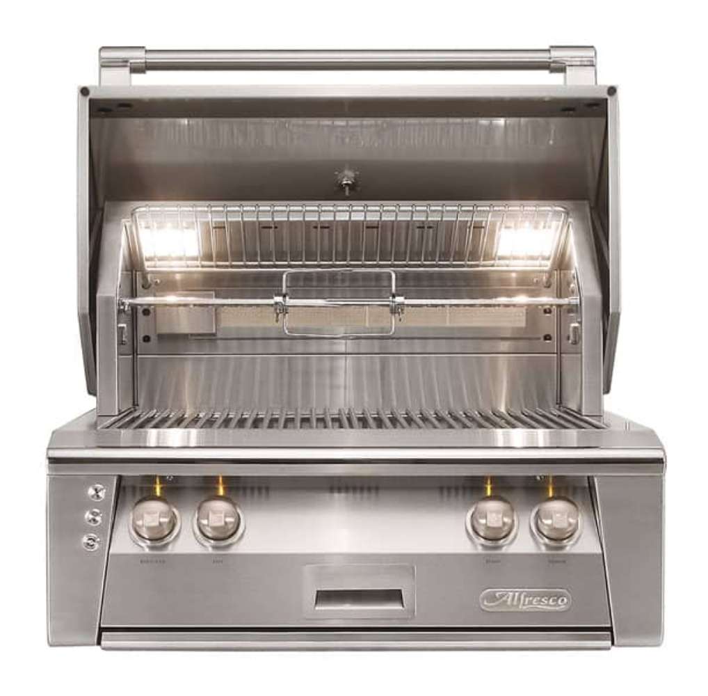 Alfresco Grills 30″ Luxury Grill Built-In with its hood open, revealing internal lights, stainless steel grates, and a rotisserie system