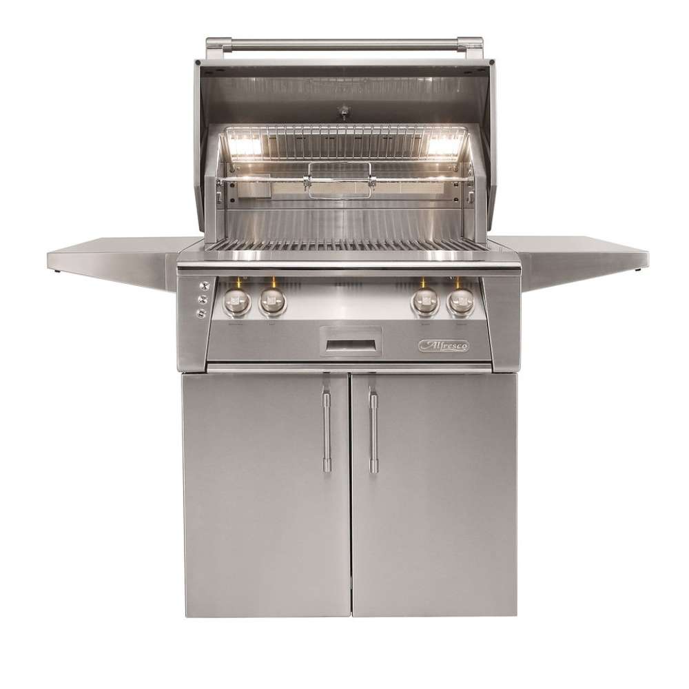 Alfresco Grills 30″ Luxury Grill Standard Cart Model with its hood open, revealing spacious stainless steel cooking grates and interior lighting