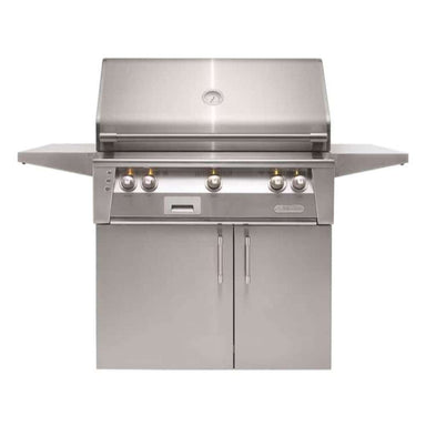 Alfresco Grills 36″ Luxury Grill Standard Cart Model is a sleek stainless steel gas grill with a large cooking area, sturdy cabinet storage, and foldable side shelves