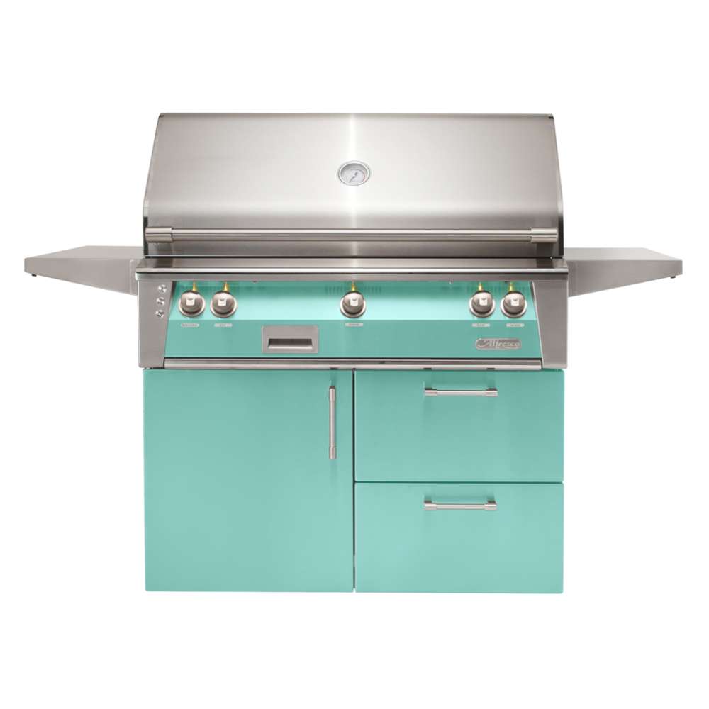 Alfresco Grills 42 Luxury Grill Refrigerated Cart Model in Light Green offers a retro-inspired touch with a pastel green finish and modern grilling technology