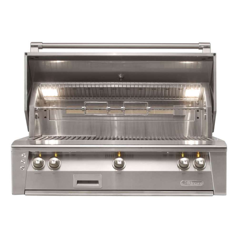 Alfresco Grills 42″ Luxury Grill Built-In with its lid open, revealing the stainless steel grates, rotisserie, and bright interior lighting