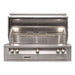 Alfresco Grills 42″ Luxury Grill Built-In with its lid open, revealing the stainless steel grates, rotisserie, and bright interior lighting