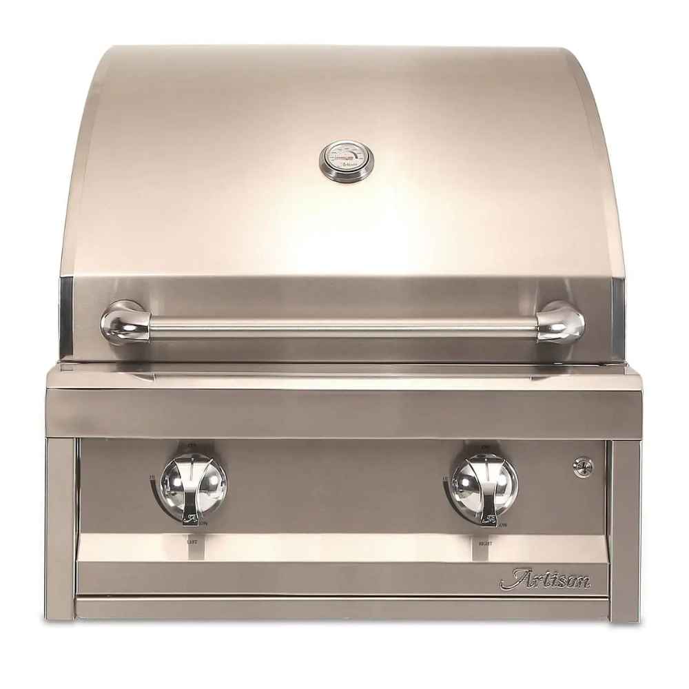 Alfresco Grills American Eagle 26” Built-In Grill, 2 Burner is shown with its stainless steel hood closed